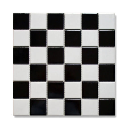 48x48mm Chess Board Mosaic Tile in a classic black and white checkerboard pattern, perfect for bathroom or kitchen walls.