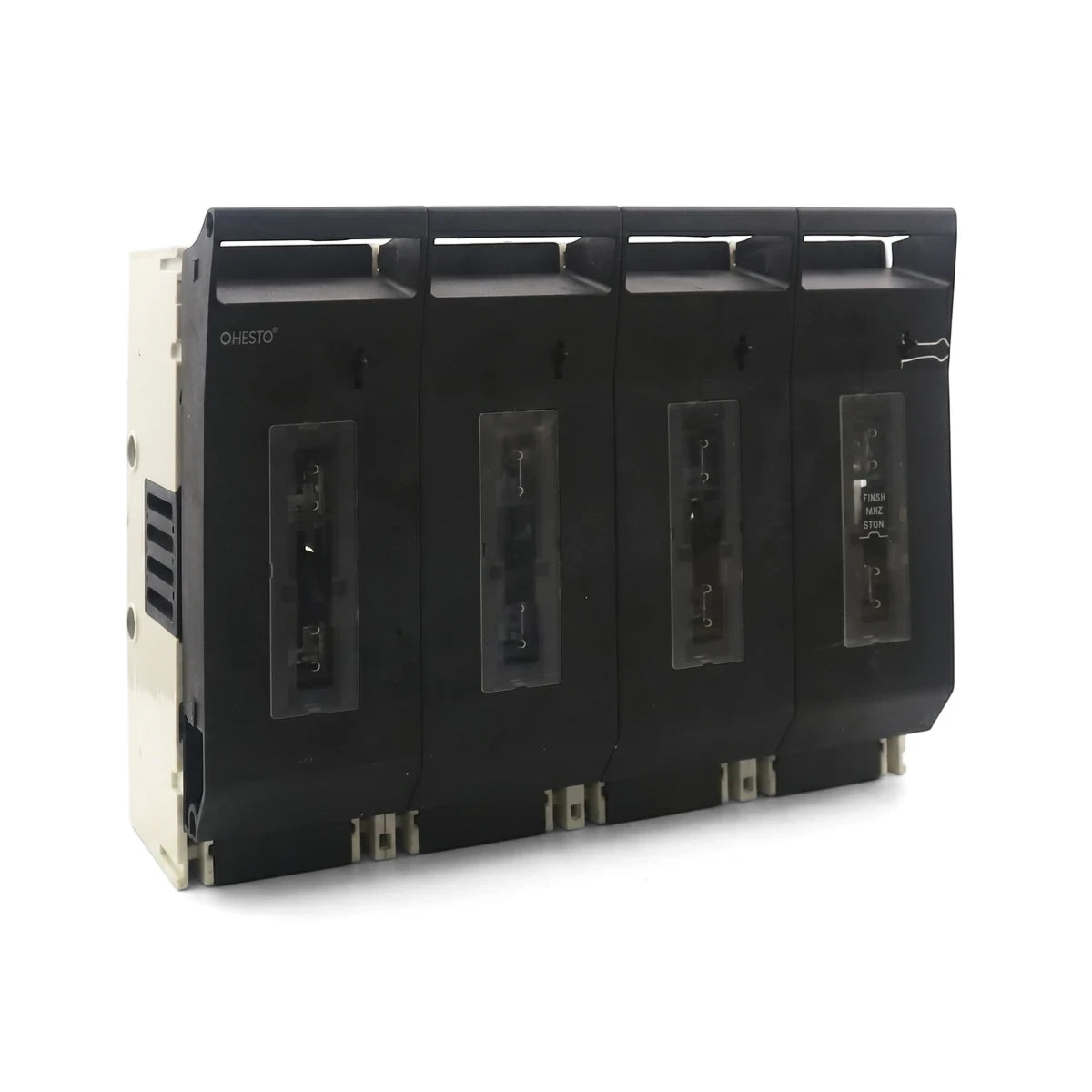 Black 4 Pole Fuse Switch Fuse Holder by CHESTO, an electrical component with four distinct fuse sections and top-mounted