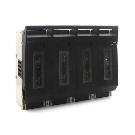 Black 4 Pole Fuse Switch Fuse Holder by CHESTO, an electrical component with four distinct fuse sections and top-mounted