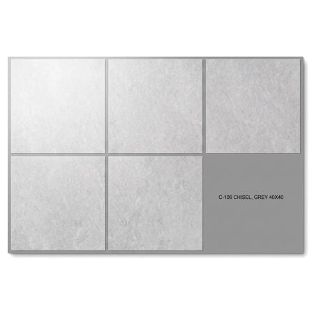 Light grey Chisel Grey 40x40cm square tiles arranged in a grid, showcasing their textured surface.