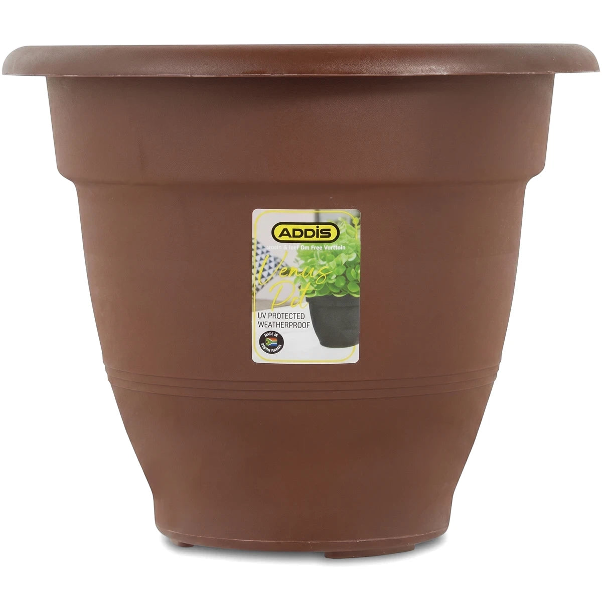 Chocolate brown plastic Venus plant pot, 44cm, shown in a front view, suitable for gardening.