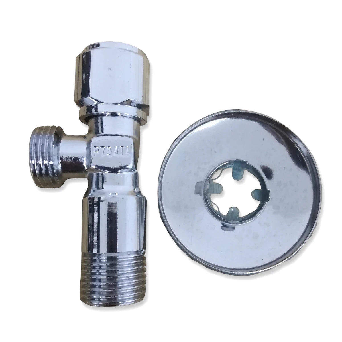 Chrome 1/2 inch x 1/2 inch angle valve with threaded ends and a matching escutcheon plate on a white background.