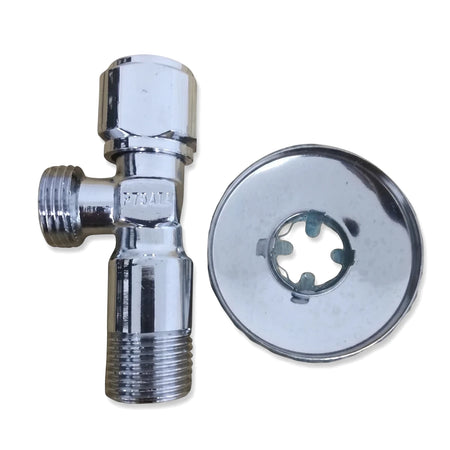 Chrome 1/2 inch x 1/2 inch angle valve with threaded ends and a matching escutcheon plate on a white background.