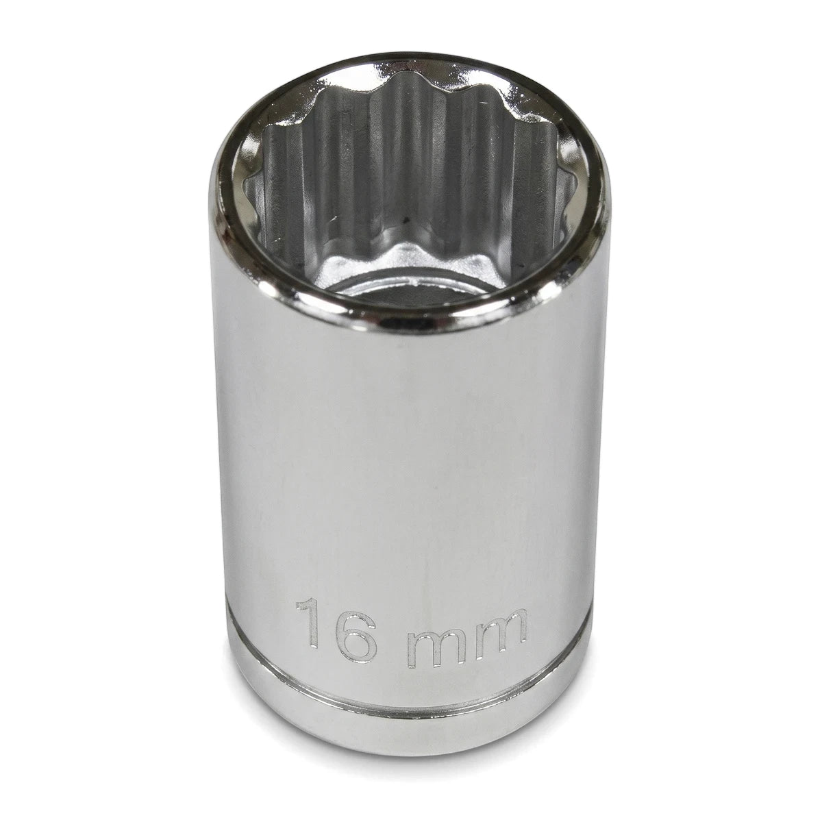 A shiny chrome 1/2-inch drive 16mm deep socket, featuring a 12-point interior, viewed straight on against a plain white
