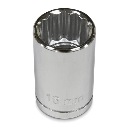 A shiny chrome 1/2-inch drive 16mm deep socket, featuring a 12-point interior, viewed straight on against a plain white