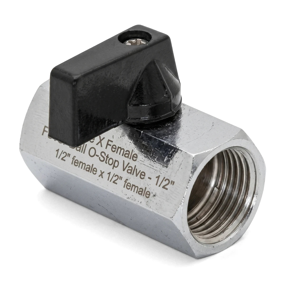 Chrome 1/2 inch Female X Female Lever Ball O-Stop Valve with black handle and threaded interior for plumbing applications.