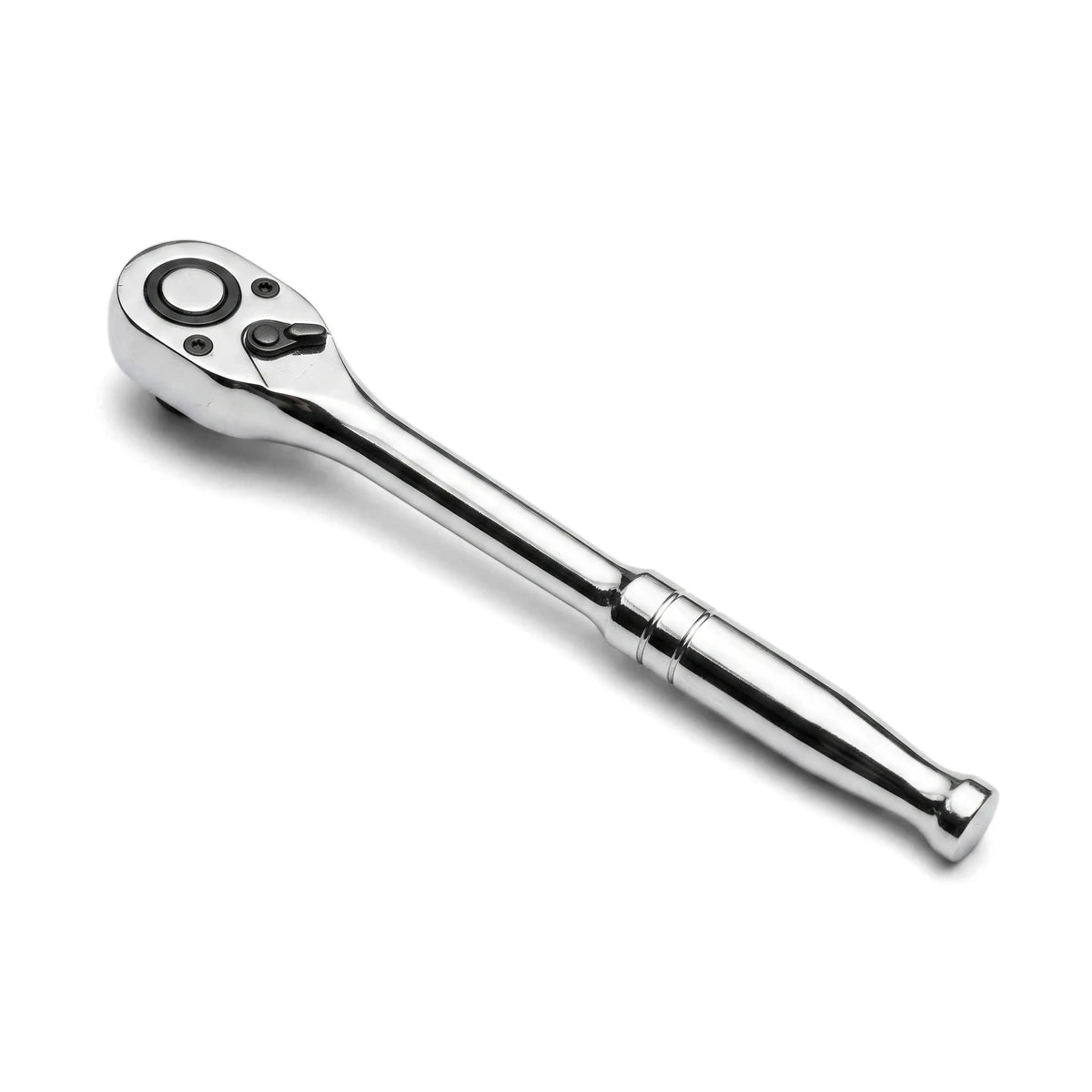 A shiny chrome 3/8-inch drive quick-release ratchet, a durable hand tool for mechanics, shown on a white background.