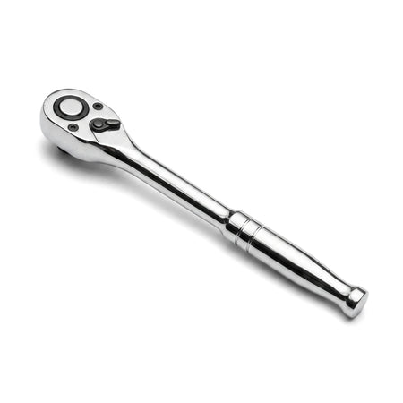 A shiny chrome 3/8-inch drive quick-release ratchet, a durable hand tool for mechanics, shown on a white background.