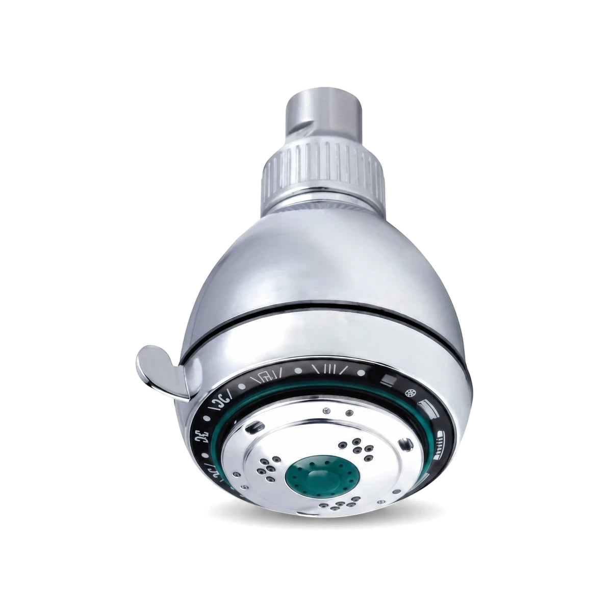 Chrome 5-setting shower rose with a black dial and teal nozzle center, shown from a slightly angled view.