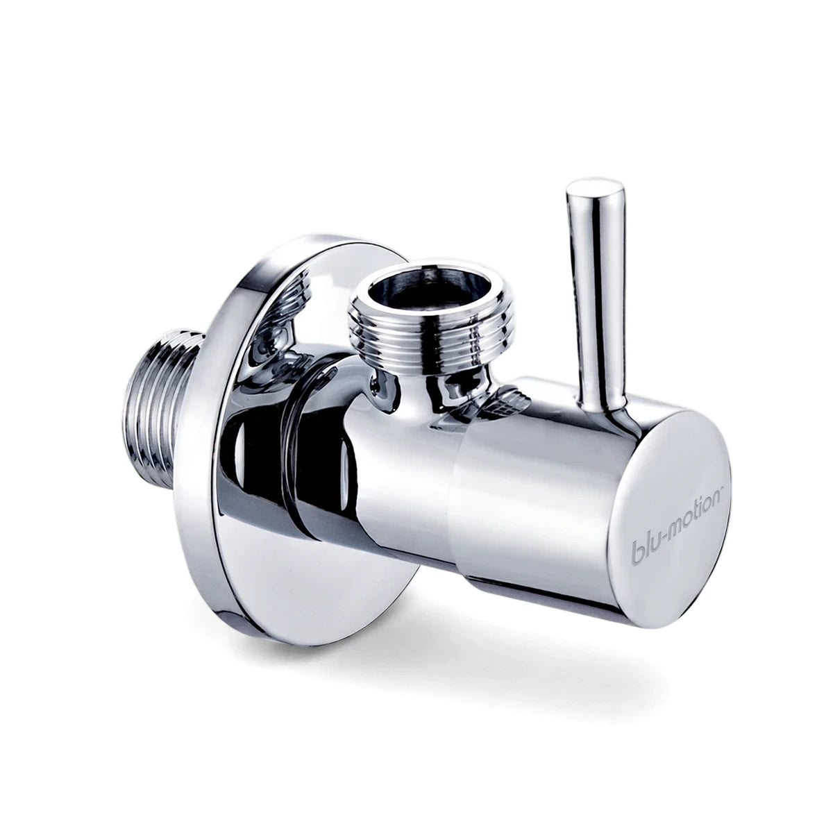 Chrome angle valve with an integrated handle, ideal for shower and plumbing systems, shown from a front-left view against a