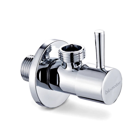 Chrome angle valve with an integrated handle, ideal for shower and plumbing systems, shown from a front-left view against a