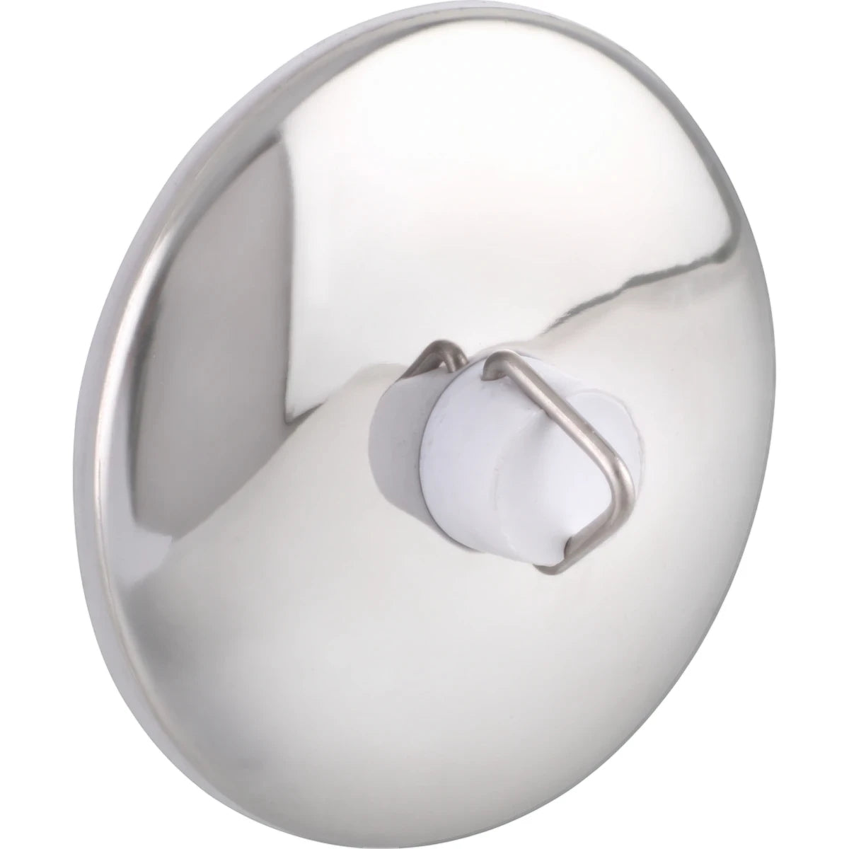 38mm single chrome basin plug with a reflective, round body and a white stopper, featuring a metal handle loop.