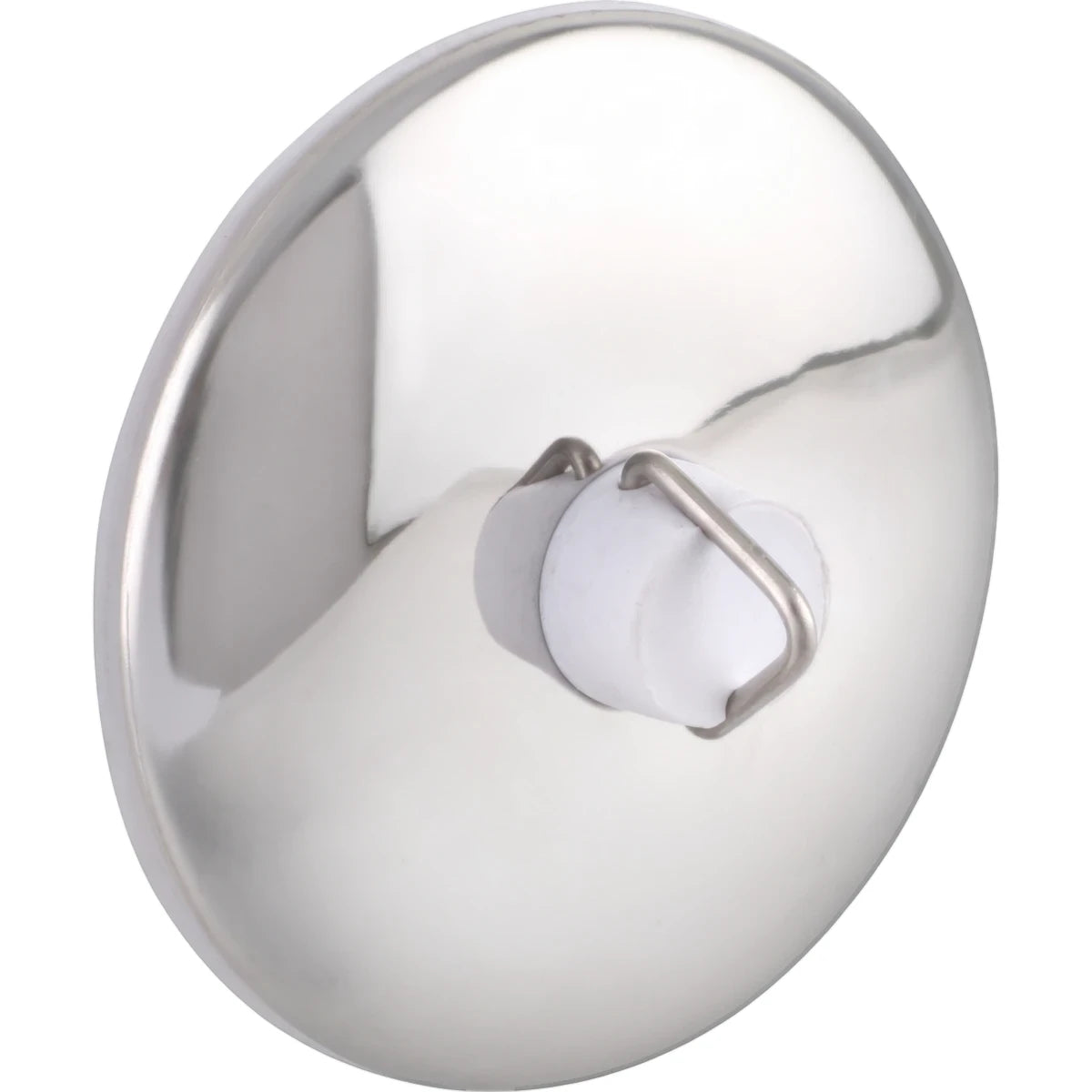 Shiny 44mm chrome bath plug with a white rubber stopper and a metal pull ring, shown from an angled top-down view.
