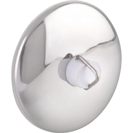 Shiny 44mm chrome bath plug with a white rubber stopper and a metal pull ring, shown from an angled top-down view.