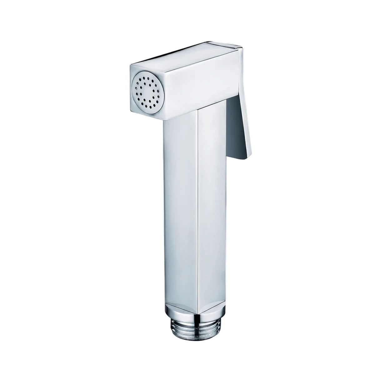 Chrome bidet shut off valve shower part, featuring a square-shaped body and a trigger handle.
