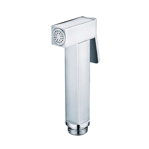 Chrome bidet shut off valve shower part, featuring a square-shaped body and a trigger handle.