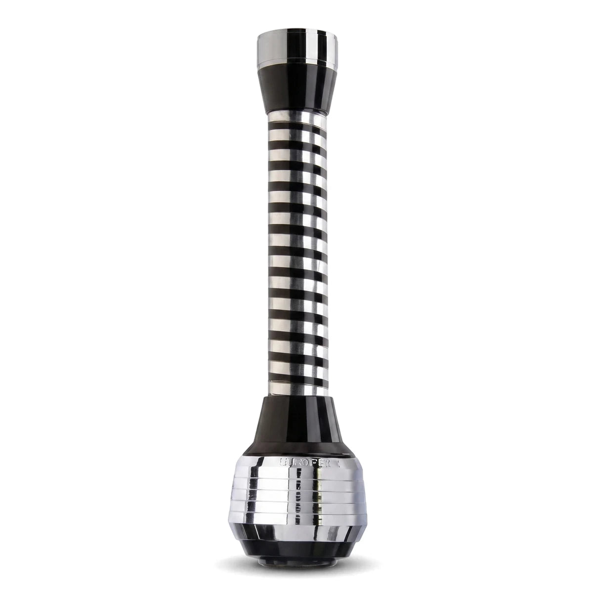 A vertically oriented Chrome and Black Jet Regulator, featuring a striped metallic body and ridged chrome accents at its