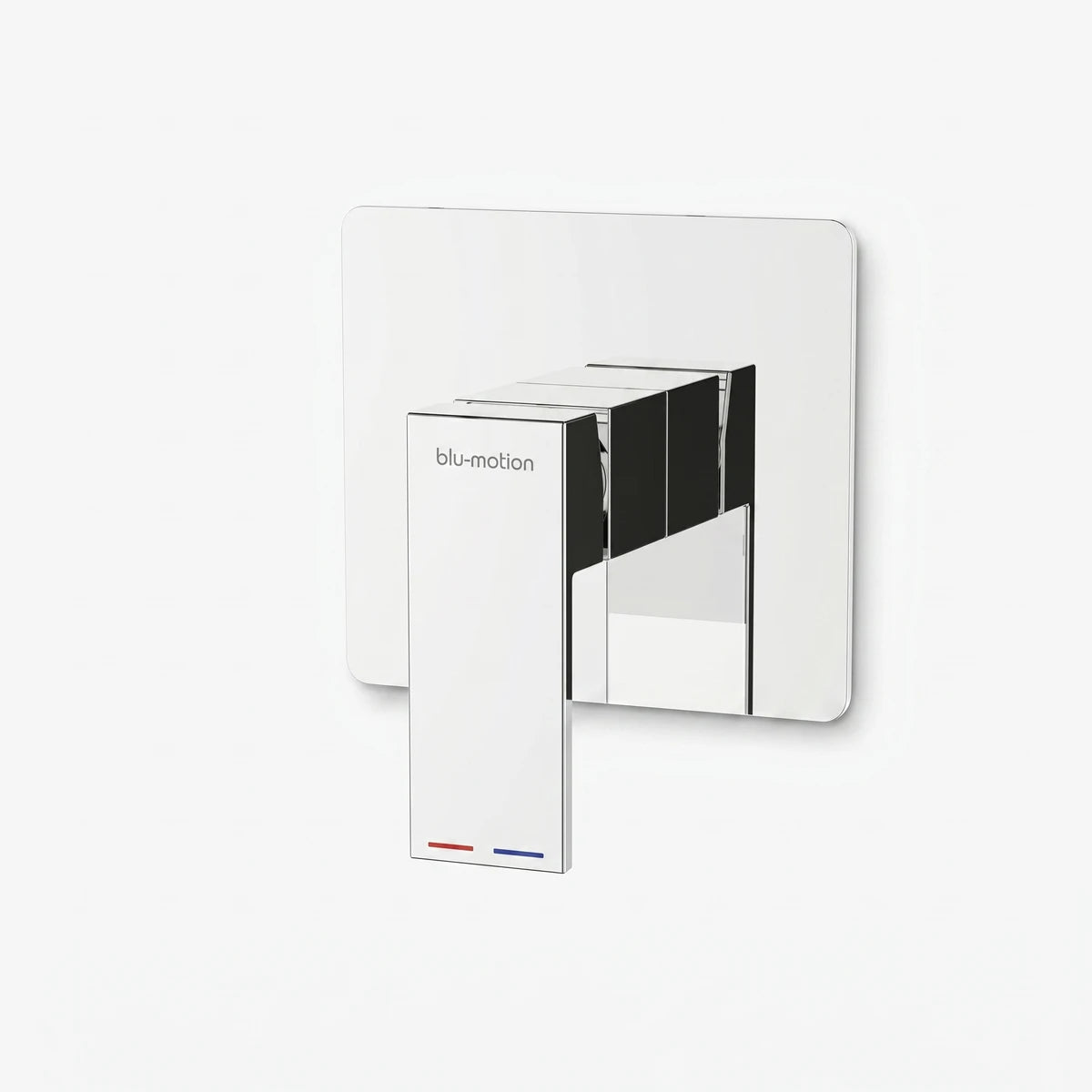 Chrome Blu-motion Quaddro shower mixer with a square backplate and rectangular lever handle, featuring red and blue
