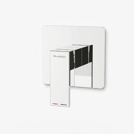 Chrome Blu-motion Quaddro shower mixer with a square backplate and rectangular lever handle, featuring red and blue
