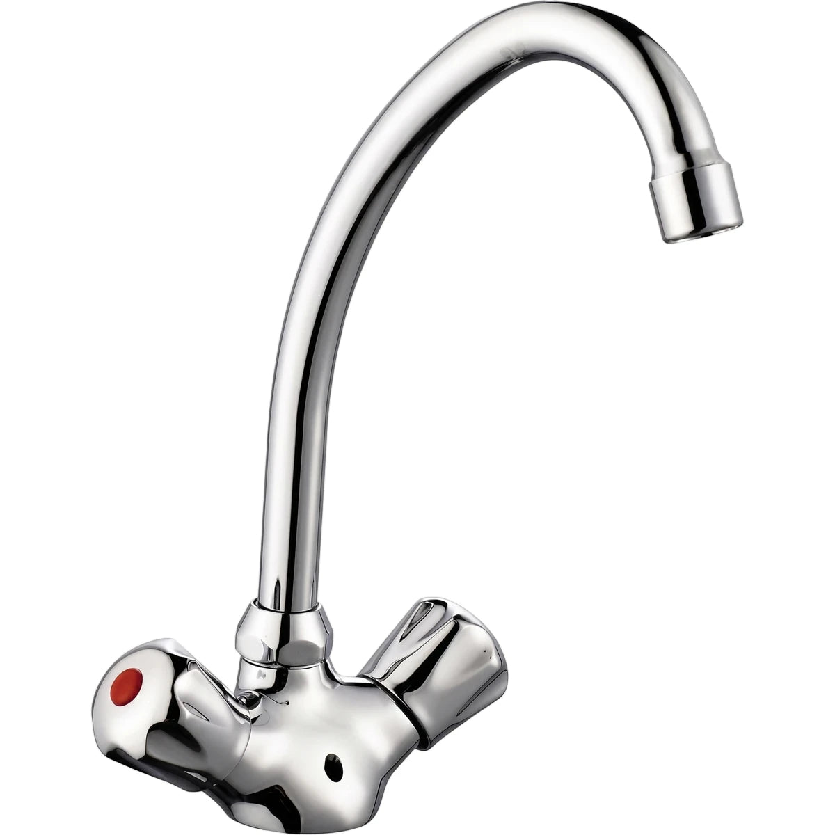 Chrome deck-type sink mixer faucet with a high curved gooseneck spout and two distinct handles, one featuring a red