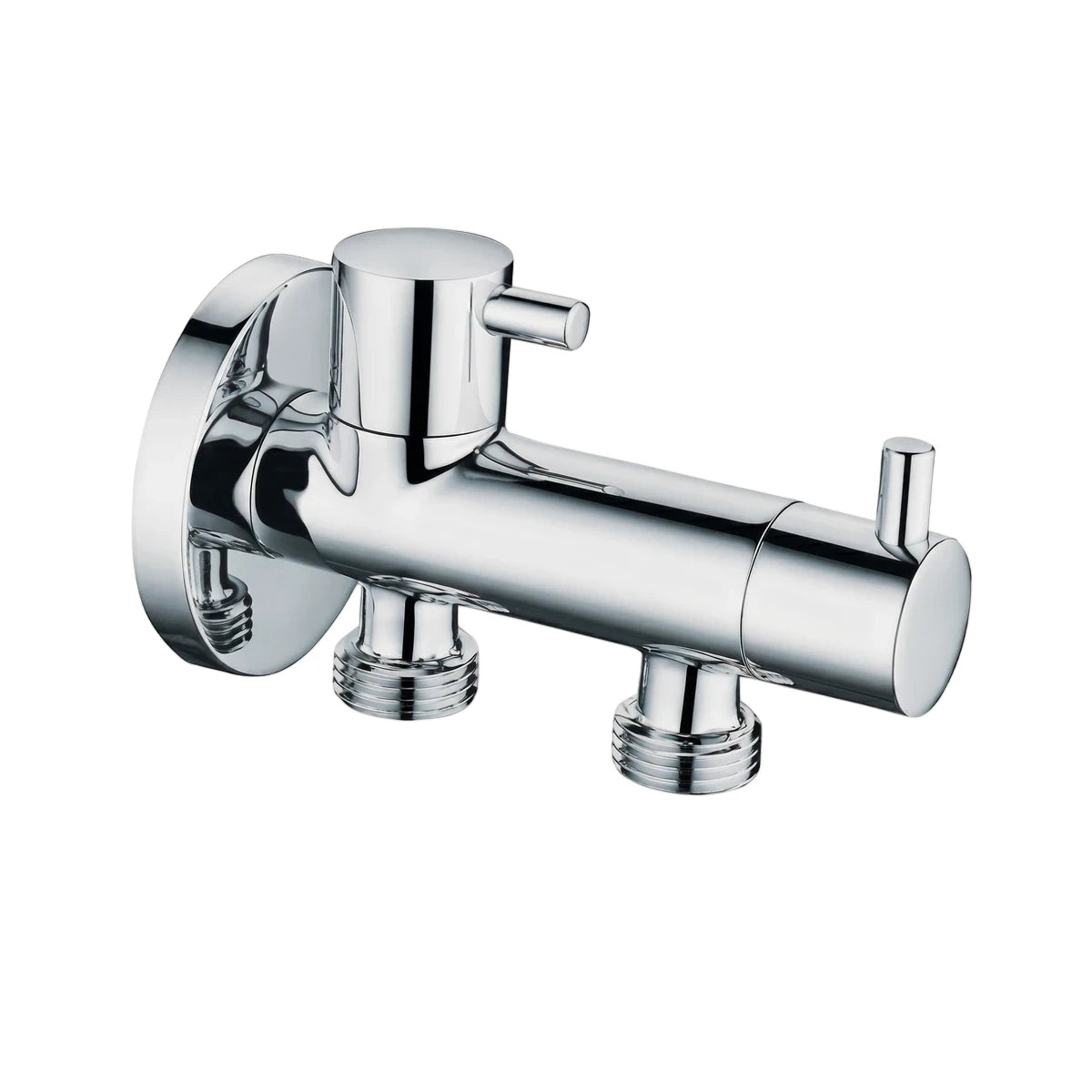 Modern chrome double angle valve with two threaded outlets for shower parts or washing machine connection, wall-mounted.