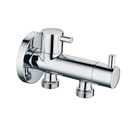 Modern chrome double angle valve with two threaded outlets for shower parts or washing machine connection, wall-mounted.