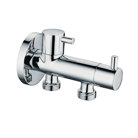 Modern chrome double angle valve with two threaded outlets for shower parts or washing machine connection, wall-mounted.