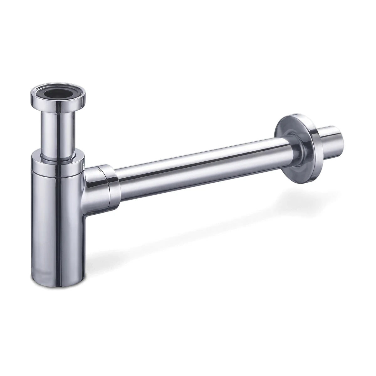 Chrome finish round bottle trap for bathroom sinks, a sleek plumbing fixture essential for modern vanity installations.