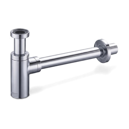 Chrome finish round bottle trap for bathroom sinks, a sleek plumbing fixture essential for modern vanity installations.