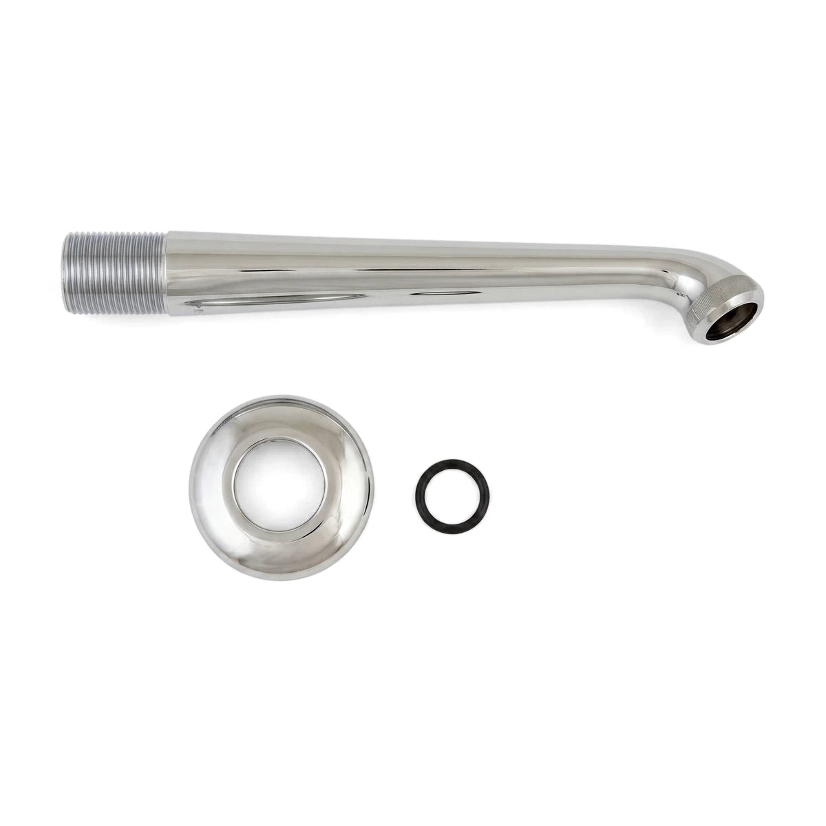 Chrome finish shower arm and flange set, including a black O-ring, designed for bathroom plumbing, shown against a white