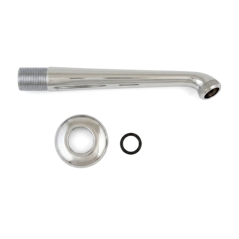 Chrome finish shower arm and flange set, including a black O-ring, designed for bathroom plumbing, shown against a white