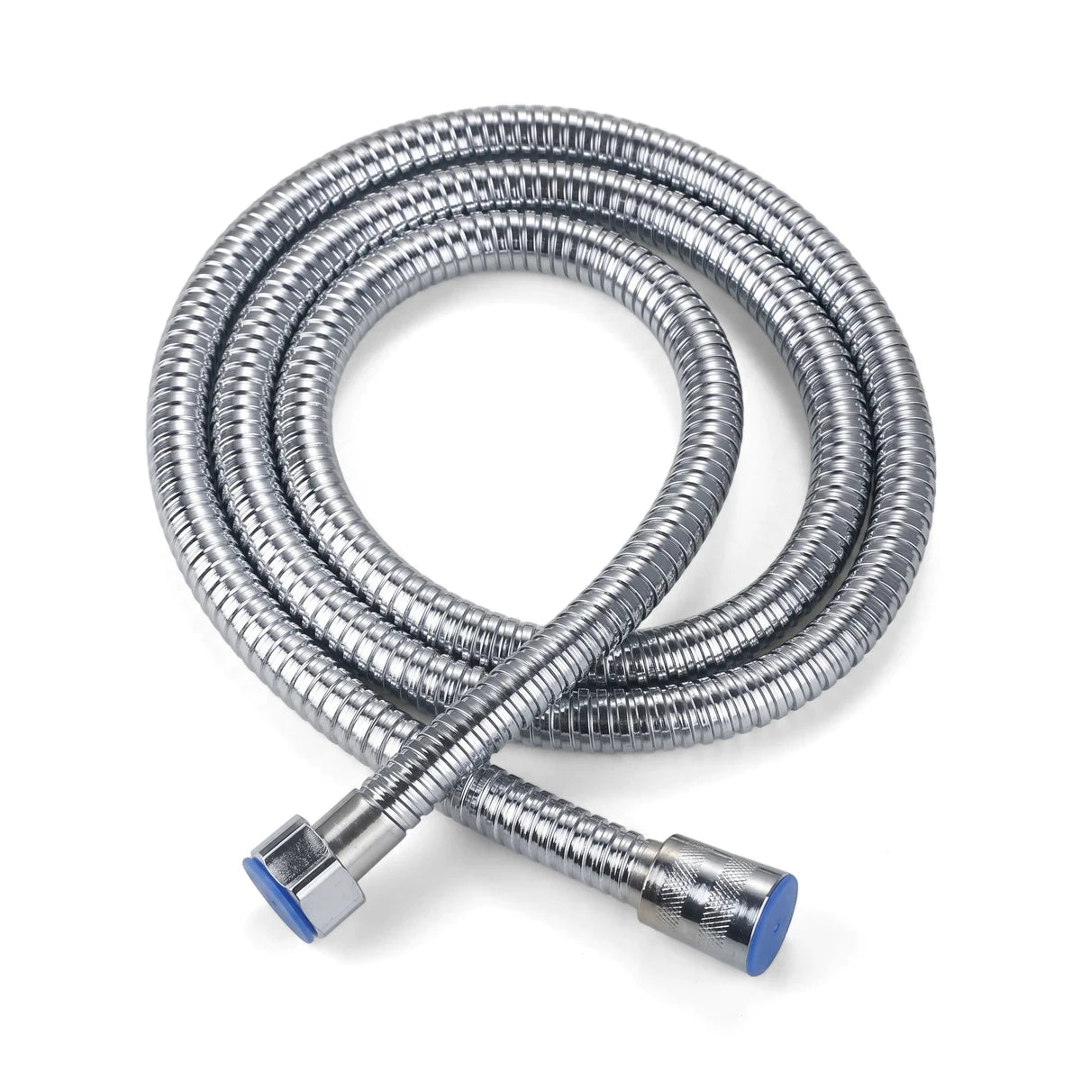 A coiled 1200mm chrome flexible hose with 1/2 inch connectors and blue end caps, presented on a white background.