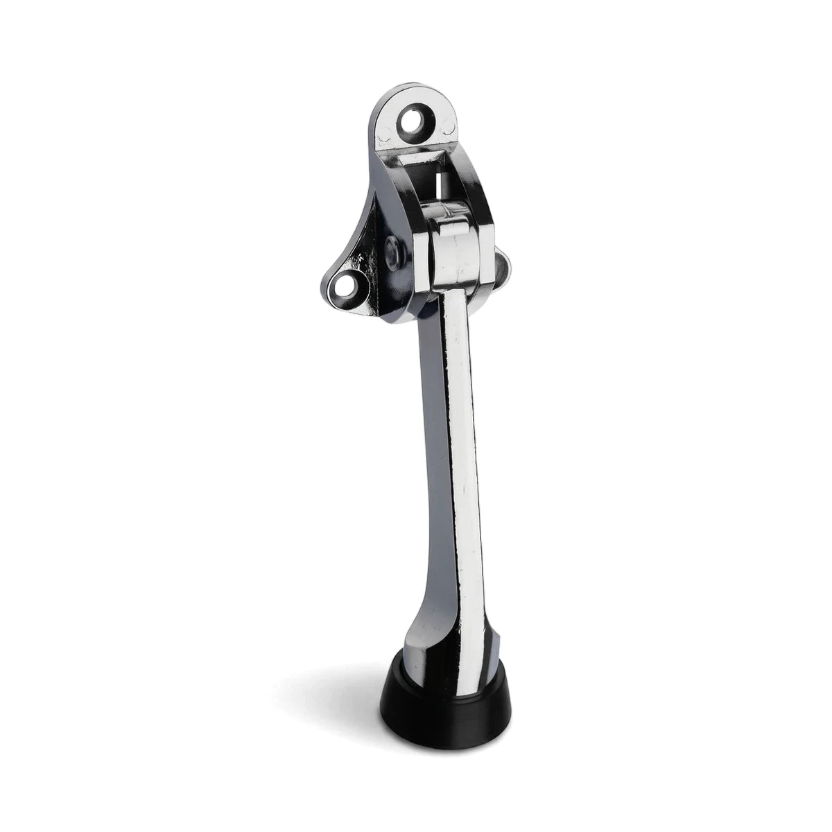 Chrome foot operated door stop with a black rubber foot, designed for secure door positioning, shown from an angled view.