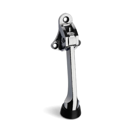 Chrome foot operated door stop with a black rubber foot, designed for secure door positioning, shown from an angled view.