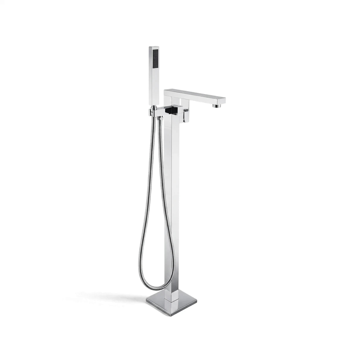 Chrome free-standing bath mixer with a square base and a handheld shower on a plain background.