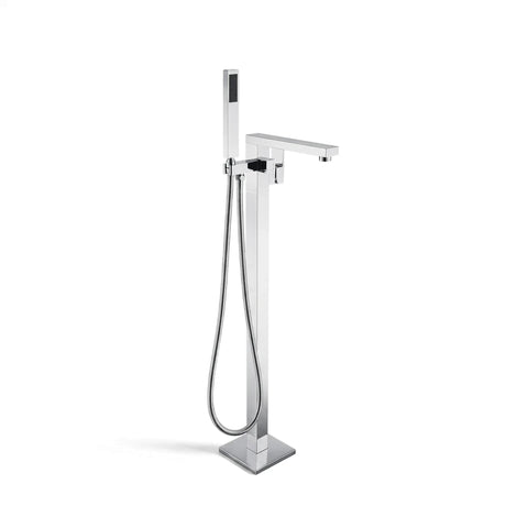 Chrome free-standing bath mixer with a square base and a handheld shower on a plain background.