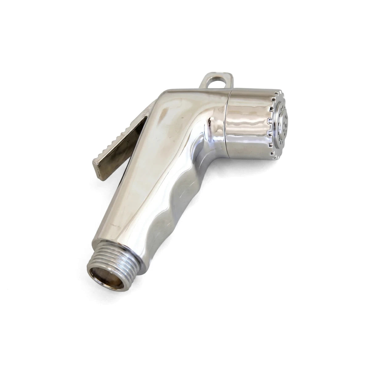 Chrome hand shower with auto shut-off thumb control, featuring a reflective surface and ergonomic lever, viewed from a side