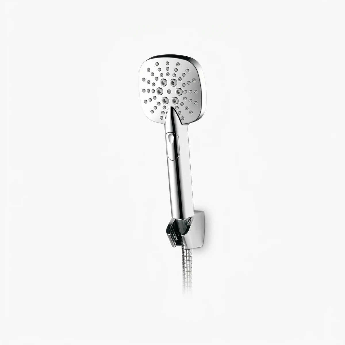 Chrome hand shower set with a square showerhead, featuring an ergonomic handle and wall mount, shown against a white