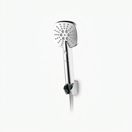 Chrome hand shower set with a square showerhead, featuring an ergonomic handle and wall mount, shown against a white
