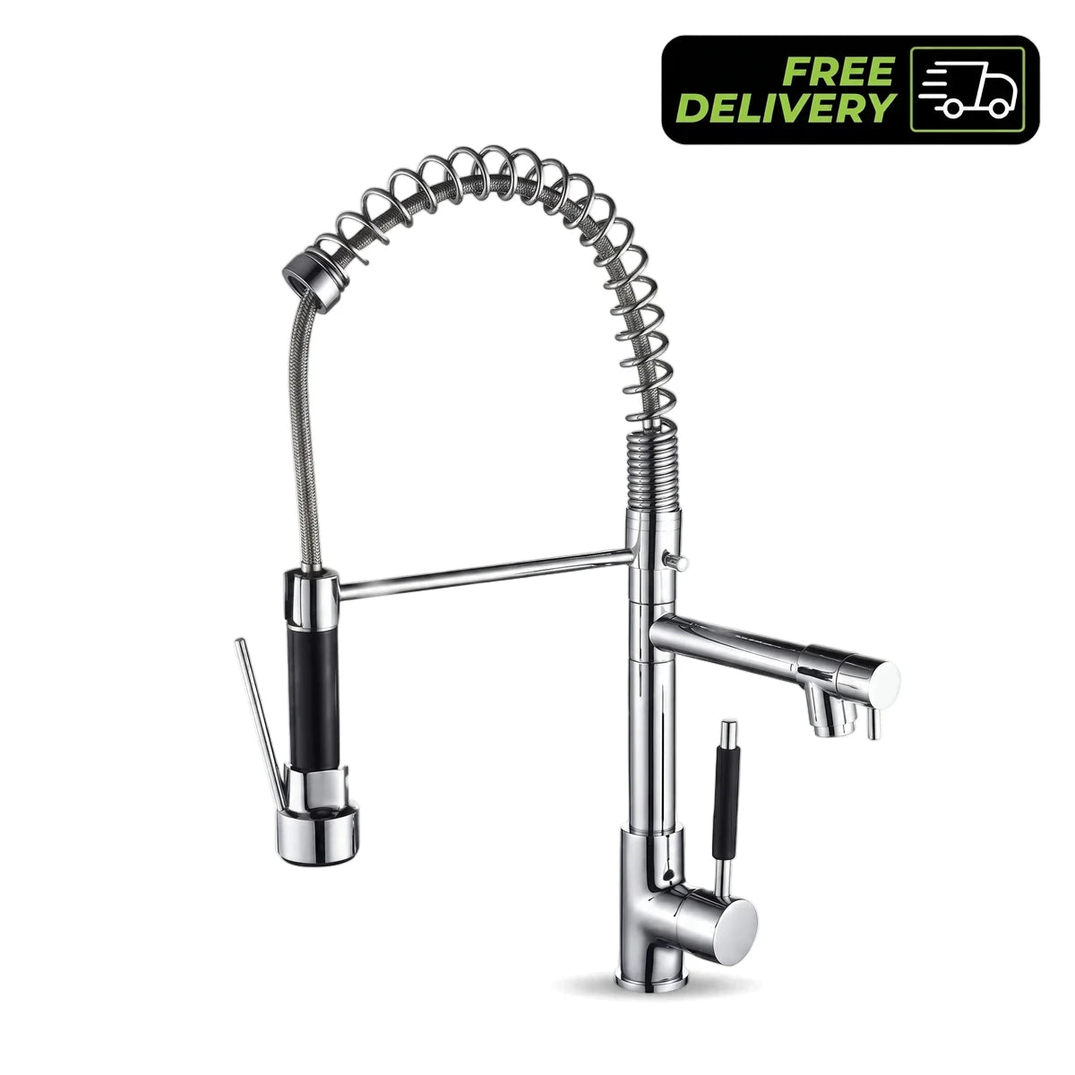 Chrome kitchen mixer faucet with pull-down spray and two functions on a white background.