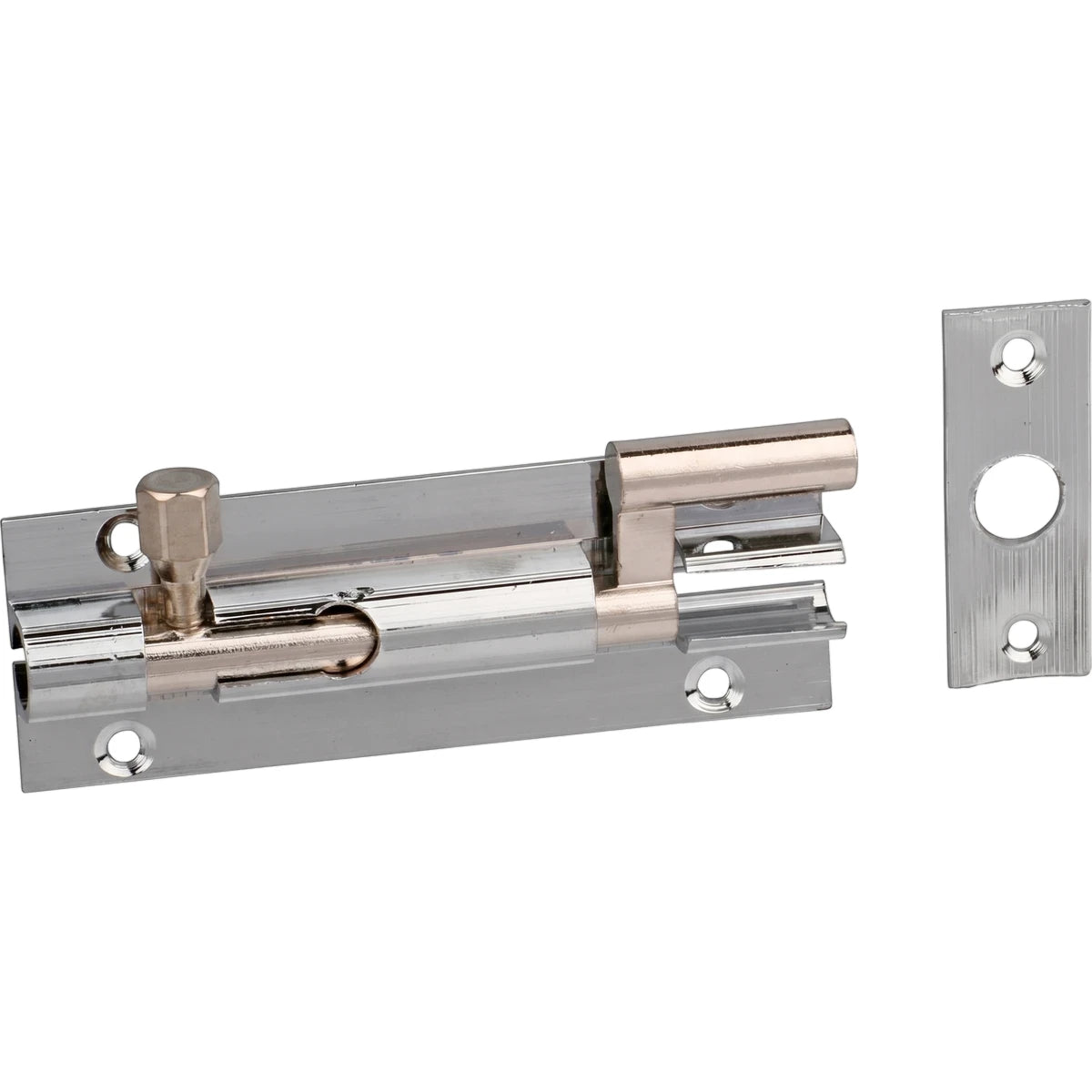 Chrome plated 100mm necked barrel bolt and its keeper plate, shown detached on a white background. This single door security