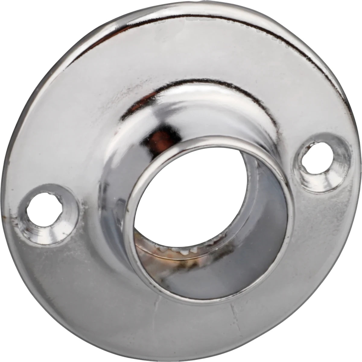 Chrome plated 25mm flange bracket for hanging rods, featuring a circular base with two mounting holes.