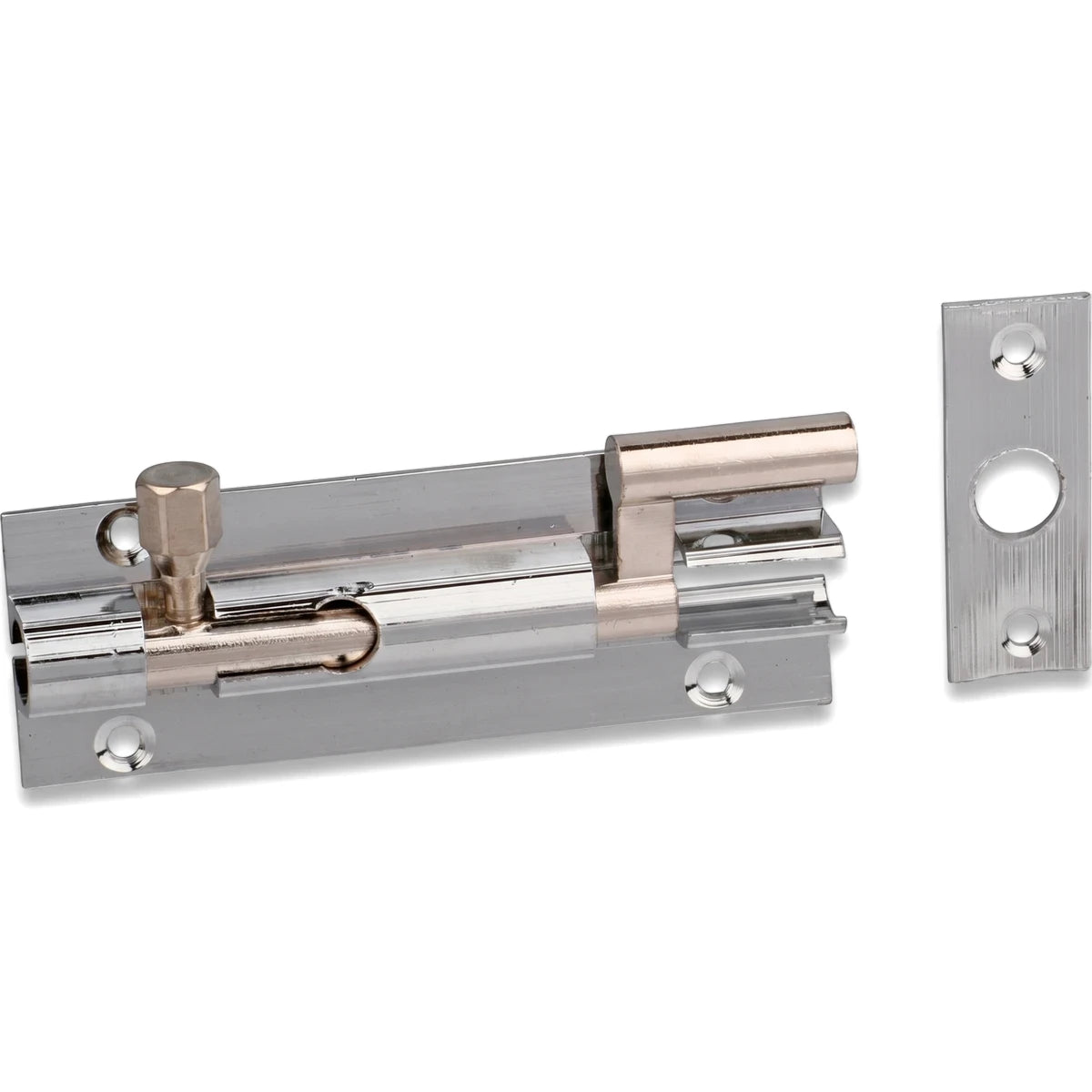 Chrome plated 50mm necked barrel bolt and keeper plate, displaying its polished metallic finish and hardware details.