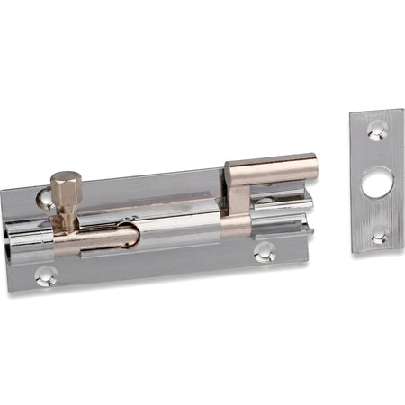 Chrome plated 50mm necked barrel bolt and keeper plate, displaying its polished metallic finish and hardware details.