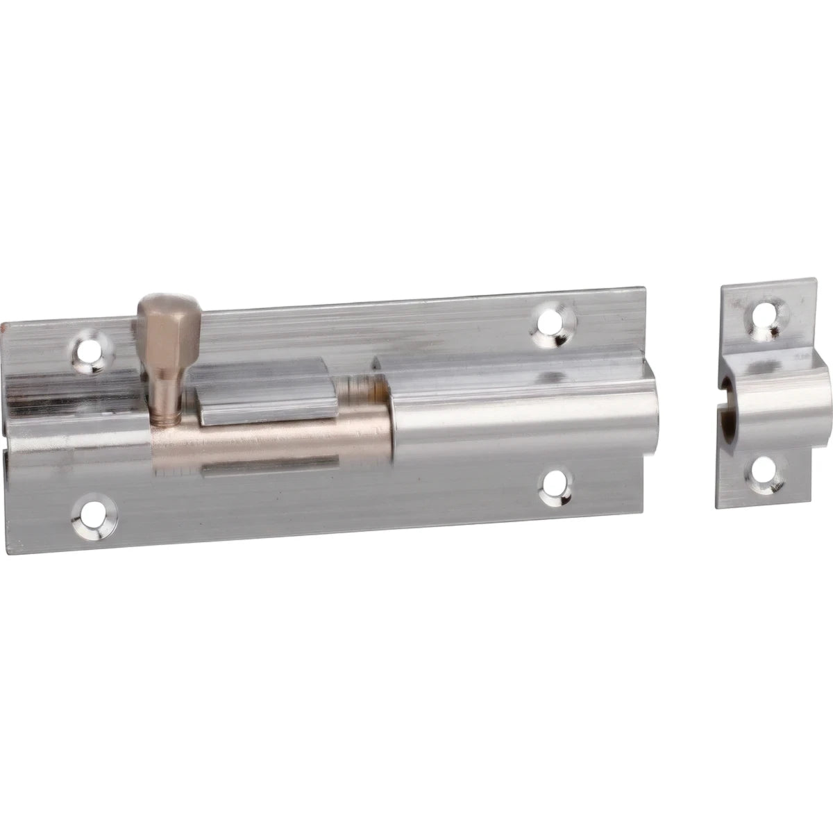Chrome plated 50mm straight barrel bolt with a separate keeper, shown in a horizontal orientation. Durable metal door