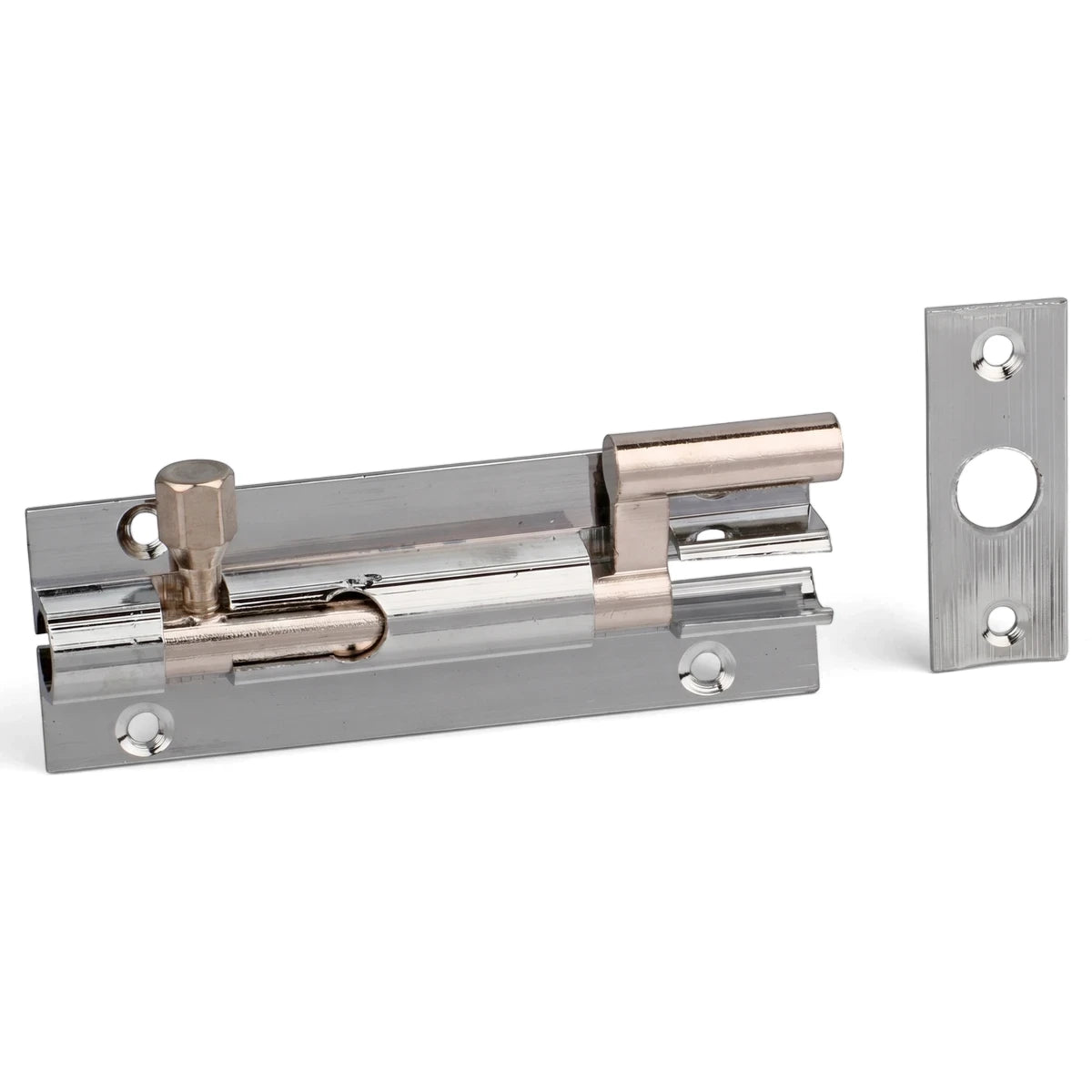 Single chrome-plated 75mm necked barrel bolt and matching keeper plate for doors, shown with a polished finish.