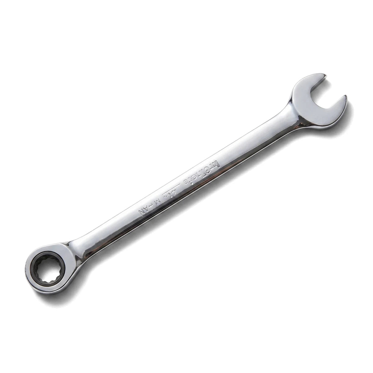 Chrome-plated 8mm combination ratchet spanner tool for various mechanical tasks, displayed diagonally on a white background.