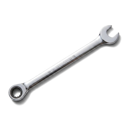 Chrome-plated 8mm combination ratchet spanner tool for various mechanical tasks, displayed diagonally on a white background.