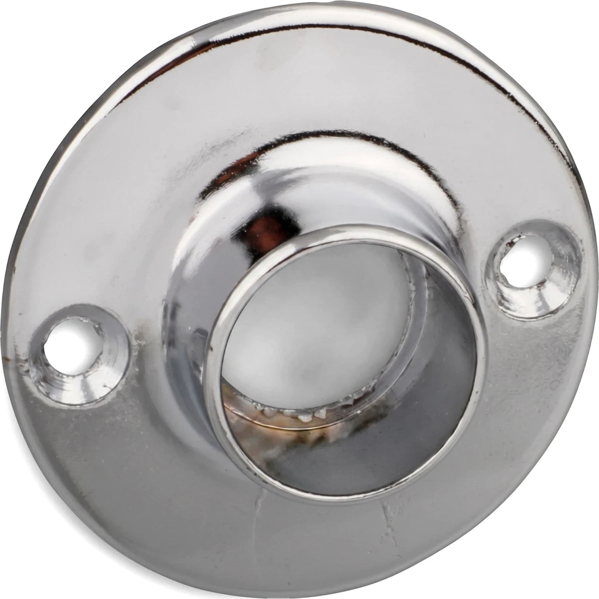 Chrome-plated flange bracket for 19mm rod, featuring a circular design with two screw holes.