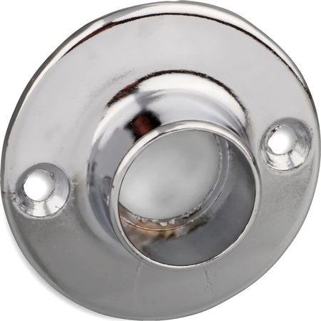 Chrome-plated flange bracket for 19mm rod, featuring a circular design with two screw holes.